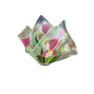 Pink Rose Tulips Handkerchief Vase Winterthur Museum Green 7"